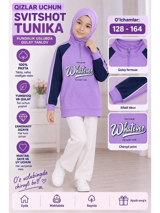 Qizlar uchun ko‘ylak-tunika, uzun yengli, 100% paxta - 