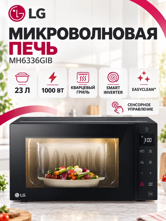 Mikroto'lqinli pech LG MH6336GIB, 23 litr, grill va Smart Inverter texnologiyasi bilan - 