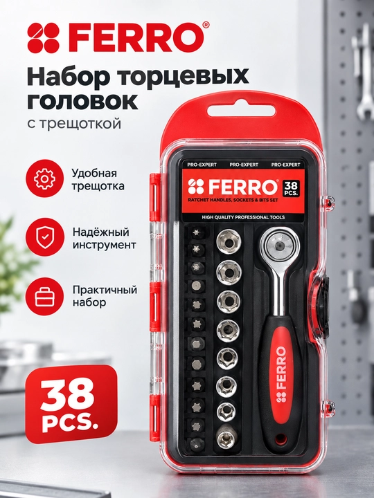 Набор из 38 частей, состоящий из трешеточного ключа, головки и битов FERRO - 