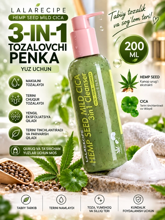 LALARECIPE Hemp Seed Cica 3 tasi 1 da yuz yuvish penkasi, piling, skrab, 200 ml
