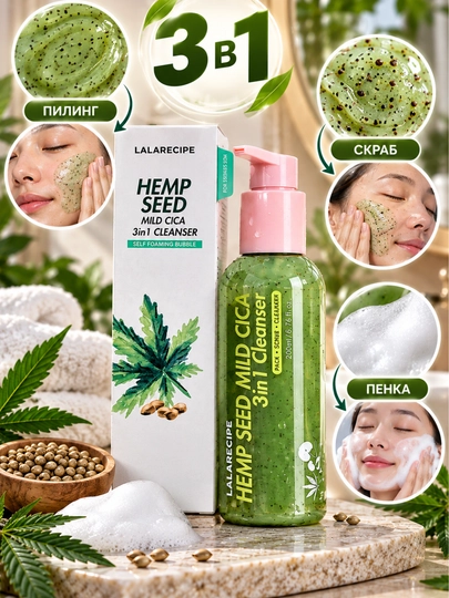 LALARECIPE Hemp Seed Cica 3 tasi 1 da yuz yuvish penkasi, piling, skrab, 200 ml