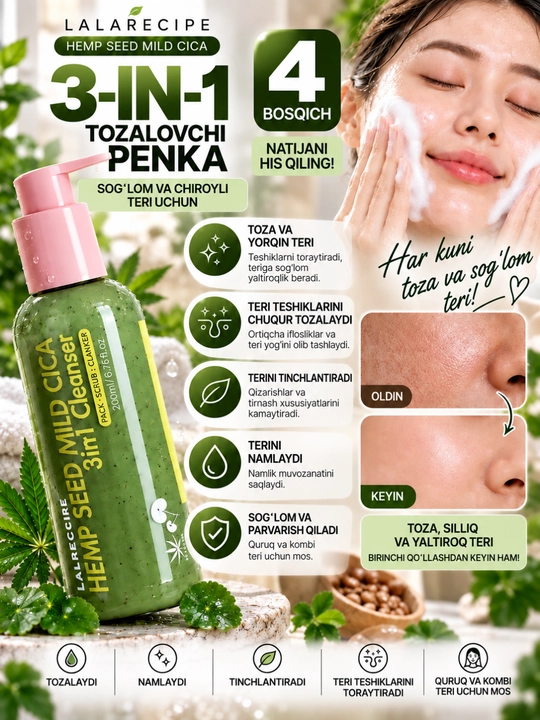 LALARECIPE Hemp Seed Cica 3 tasi 1 da yuz yuvish penkasi, piling, skrab, 200 ml