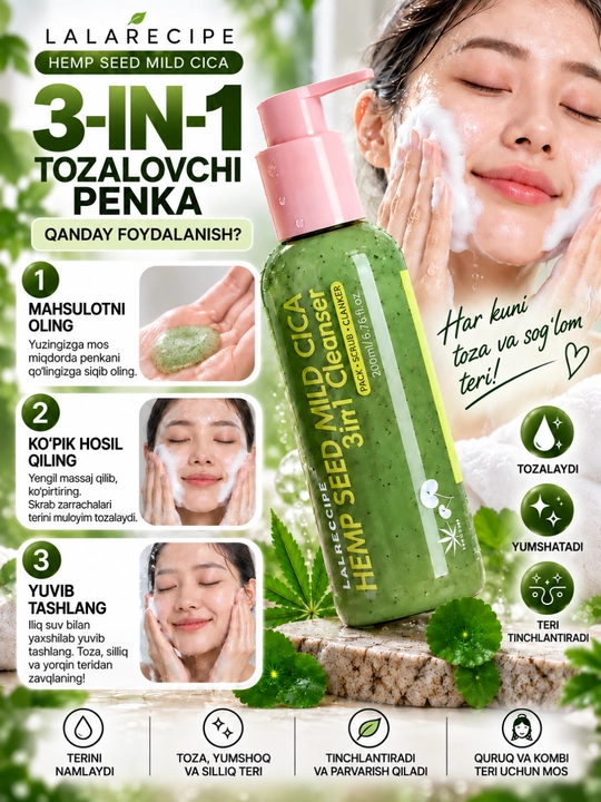 LALARECIPE Hemp Seed Cica 3 tasi 1 da yuz yuvish penkasi, piling, skrab, 200 ml