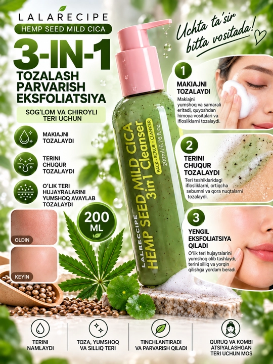 LALARECIPE Hemp Seed Cica 3 tasi 1 da yuz yuvish penkasi, piling, skrab, 200 ml