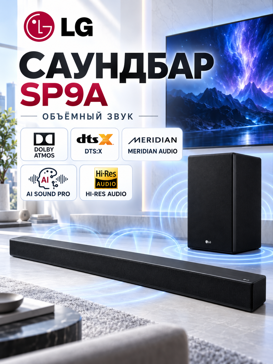 Saundbar LG SP9A, Dolby Atmos, DTS:X, Meridian, AI Sound Pro - 