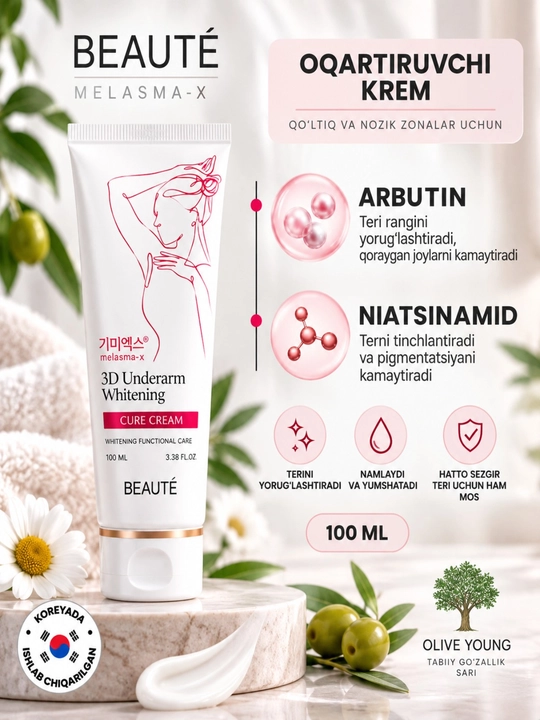 BEAUTÉ Melasma-X 3D отбеливающий крем для подмышек, бикини, локтей, коленей, 100 мл