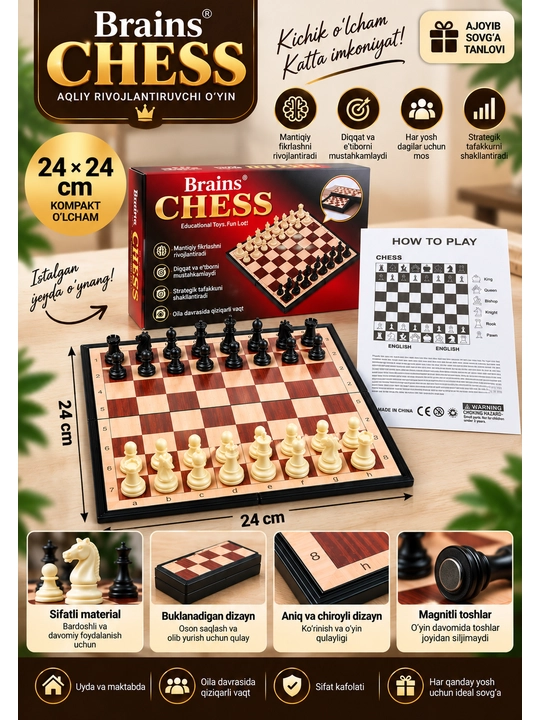 Brains Chess - shaxmat to‘plami, magnit donalar, yig‘iladigan doska, 24×24 / 30×30 / 50×50 sm - 
