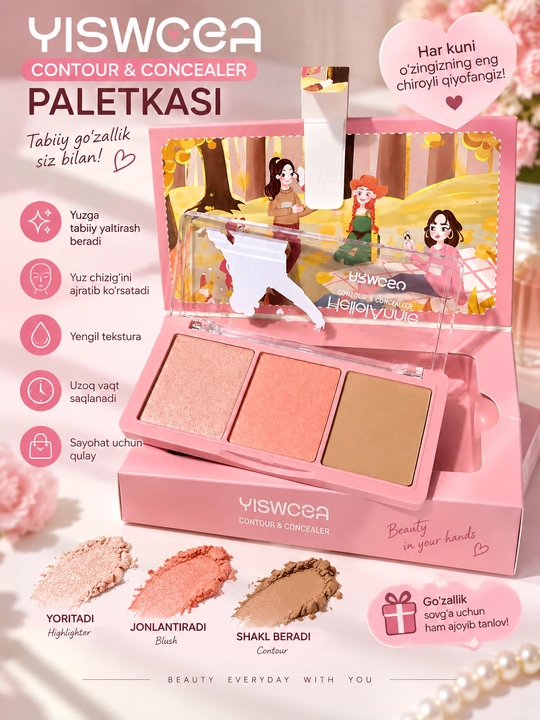 3 tasi 1 da pardoz palitrasi -3 xil rangdagi rumyana, highliter va kontur - 