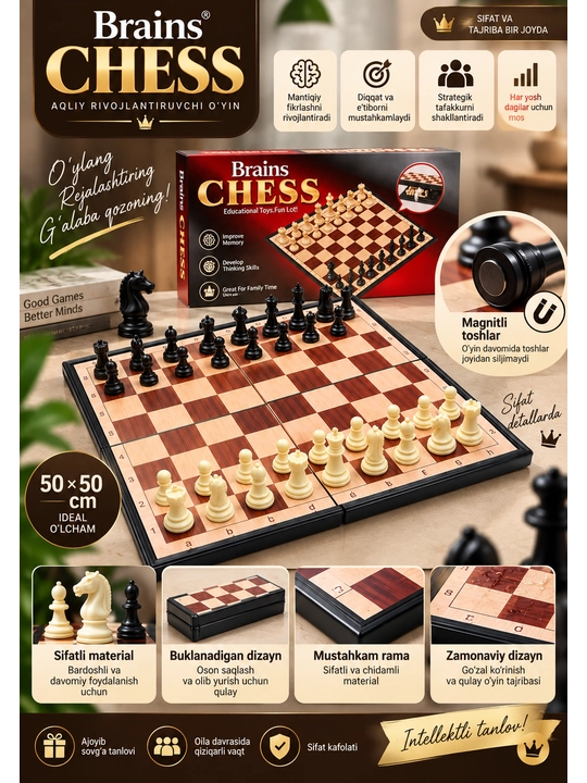 Brains Chess - shaxmat to‘plami, magnit donalar, yig‘iladigan doska, 24×24 / 30×30 / 50×50 sm