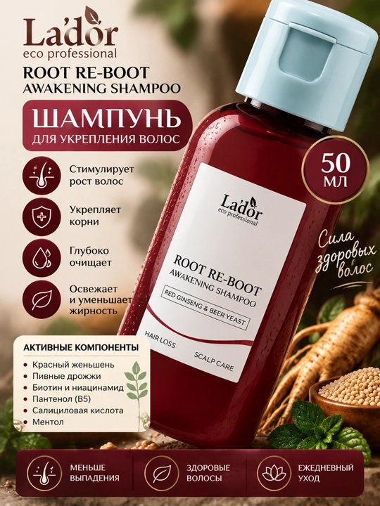 Шампунь с женьшенем для роста волос Lador Root Re-Boot Awakening Shampoo Red Ginseng - 