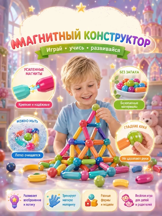 Развивающая игрушка магнитный конструктор 84 детали