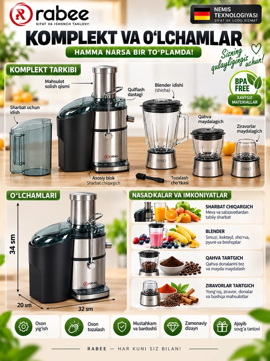 Sharbat chiqargich, blender, go'sht va qahva maydalagich 4 tasi 1 da RABEE RG-103, 800 Vt
