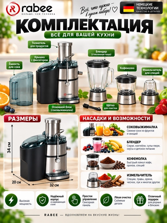 Sharbat chiqargich, blender, go'sht va qahva maydalagich 4 tasi 1 da RABEE RG-103, 800 Vt