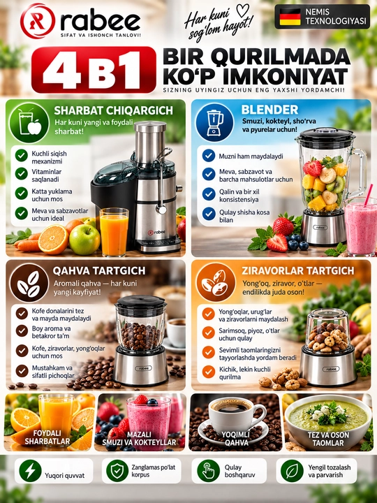 Sharbat chiqargich, blender, go'sht va qahva maydalagich 4 tasi 1 da RABEE RG-103, 800 Vt