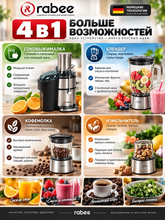 Sharbat chiqargich, blender, go'sht va qahva maydalagich 4 tasi 1 da RABEE RG-103, 800 Vt