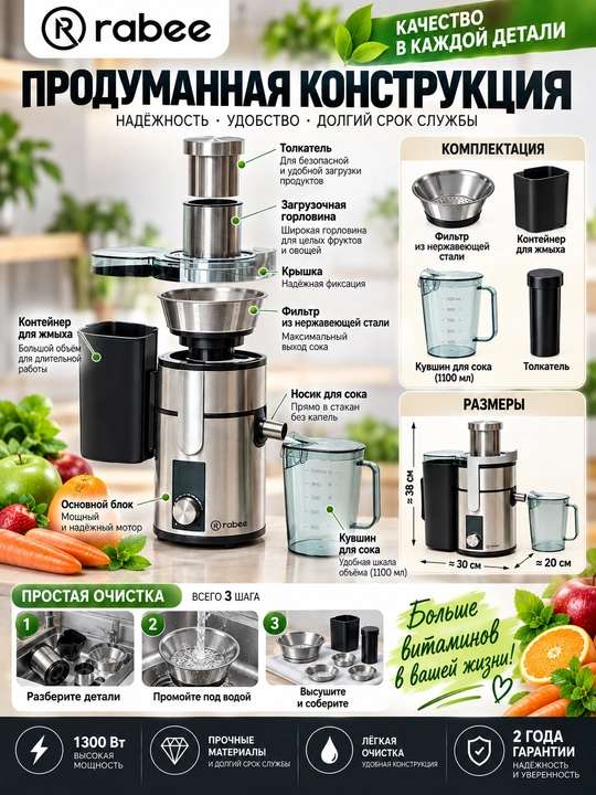 Соковыжималка RABEE RG-104, 800 Вт
