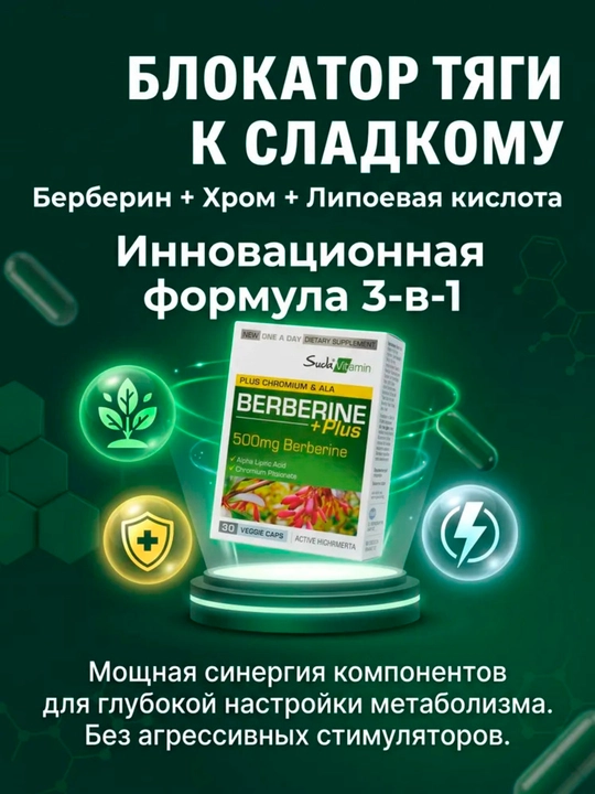 Suda Berberine Plus 500 mg + Chromium & Alpha Lipoic Acid, 30 kapsula