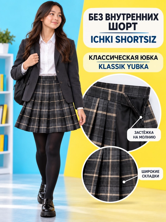Qizlar va o‘smirlar uchun katakli taxlamali yubka, maktab va sayr uchun