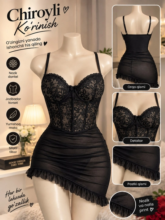 Ayollar uchun qora va krujevli romantik penyuar. Tungi libos , penyuarlar, M L Xl razmer - 