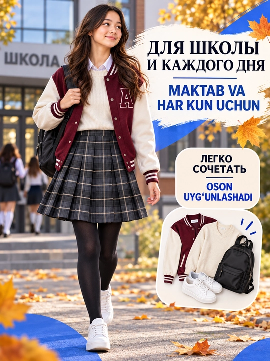 Qizlar va o‘smirlar uchun katakli taxlamali yubka, maktab va sayr uchun