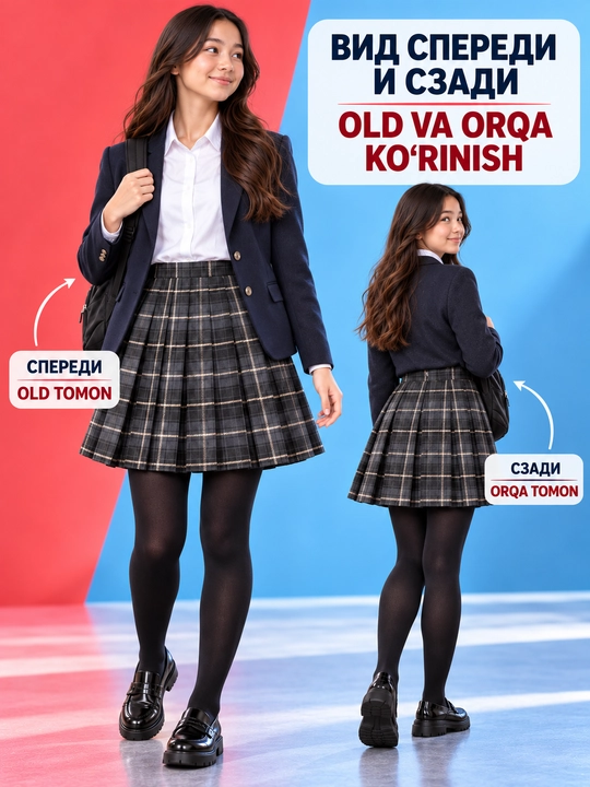 Qizlar va o‘smirlar uchun katakli taxlamali yubka, maktab va sayr uchun