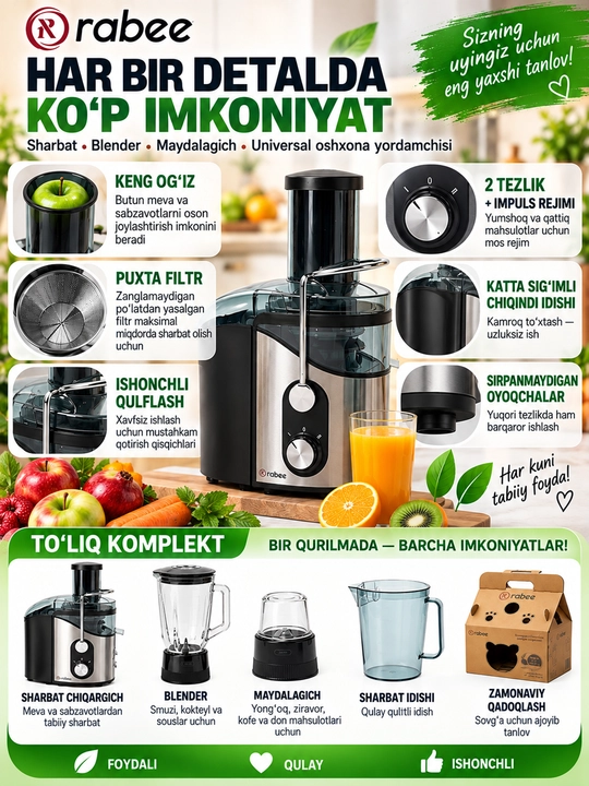 Sharbat chiqargich, mikser va maydalagich, 3 tasi 1 da, RABEE RG-102, 800 Vt