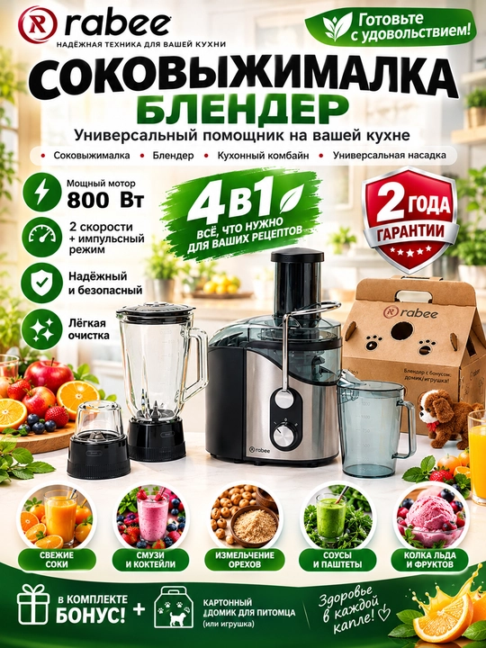 Sharbat chiqargich, mikser va maydalagich, 3 tasi 1 da, RABEE RG-102, 800 Vt