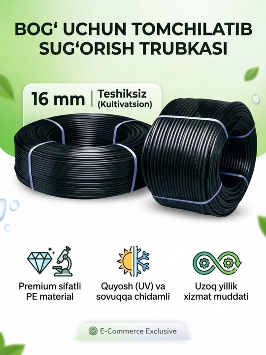 Bog' uchun, sug'orish trubkasi 16 mm, teshiksiz - 