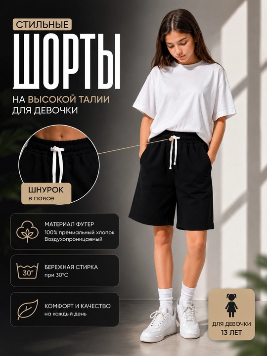 Шорты для девочек, на высокой посадке, оверсайз, 100% хлопок футер - 
