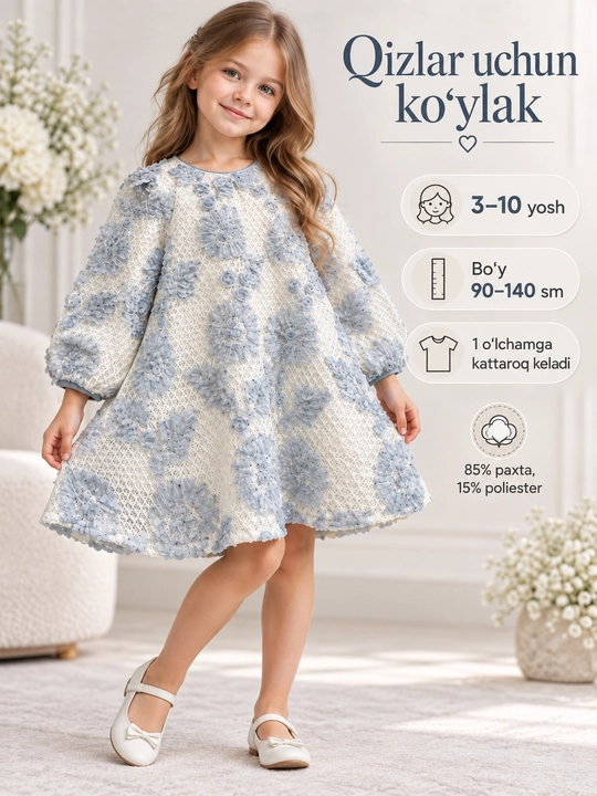 Katta hajmli gullar bilan bezatilgan qiz bola uchun chiroyli ko‘ylak