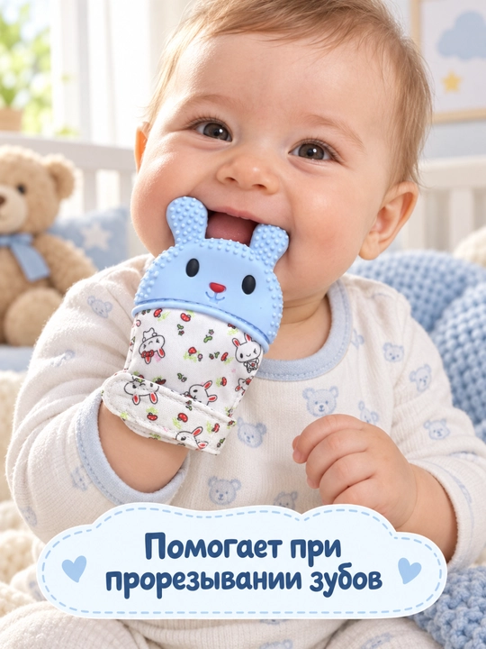 Прорезыватель-рукавичка для малышей, силиконовый, в форме зайчика