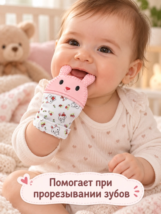 Прорезыватель-рукавичка для малышей, силиконовый, в форме зайчика