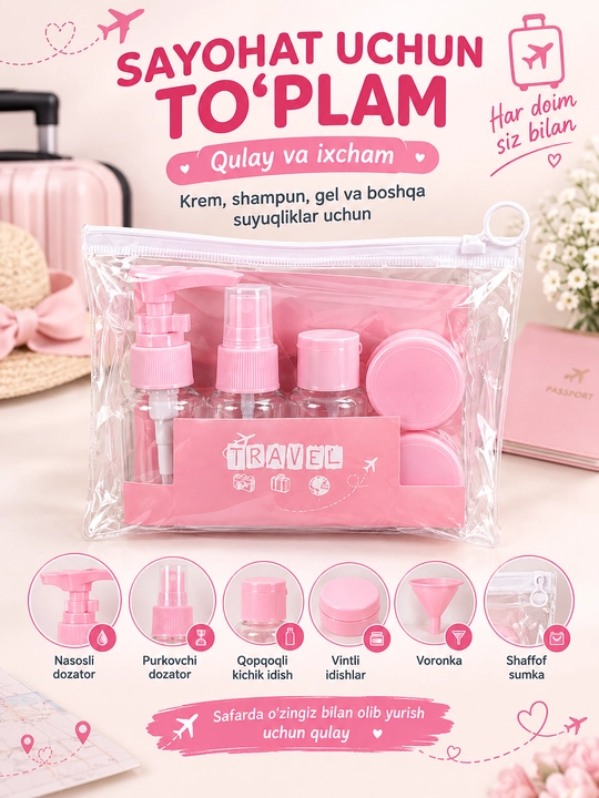 Kosmetika va sayohat idishlari to‘plami — 6 dona - 