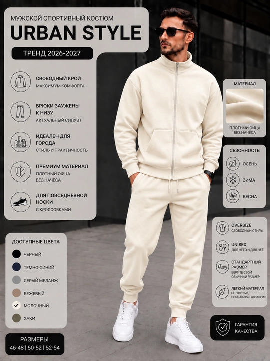Мужской спортивный костюм на молнии, Urban Style, осень–зима–весна - 