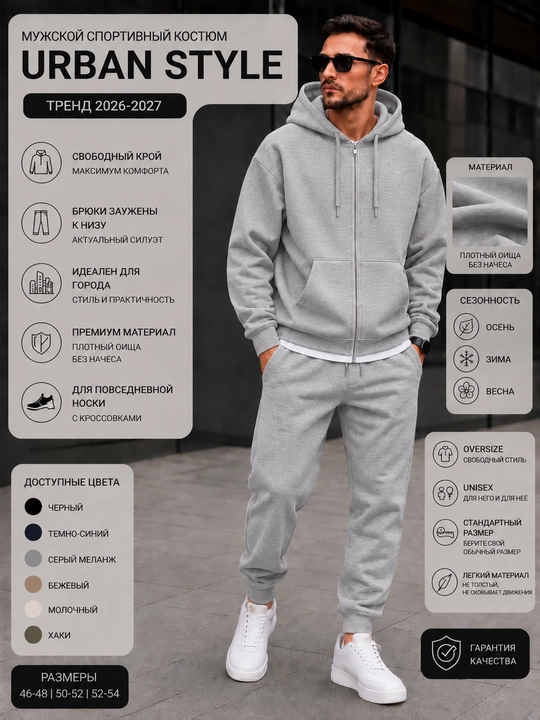 Мужской спортивный костюм на молнии, Urban Style, осень–зима–весна - 