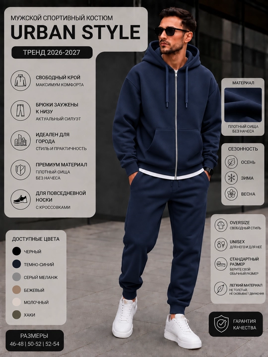 Мужской спортивный костюм на молнии, Urban Style, осень–зима–весна - 