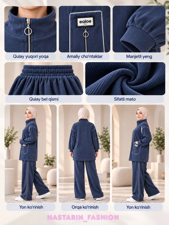 Ayollar uchun dvoyka kostyum, korduroy matoli, zamokli jaket va keng shimlar