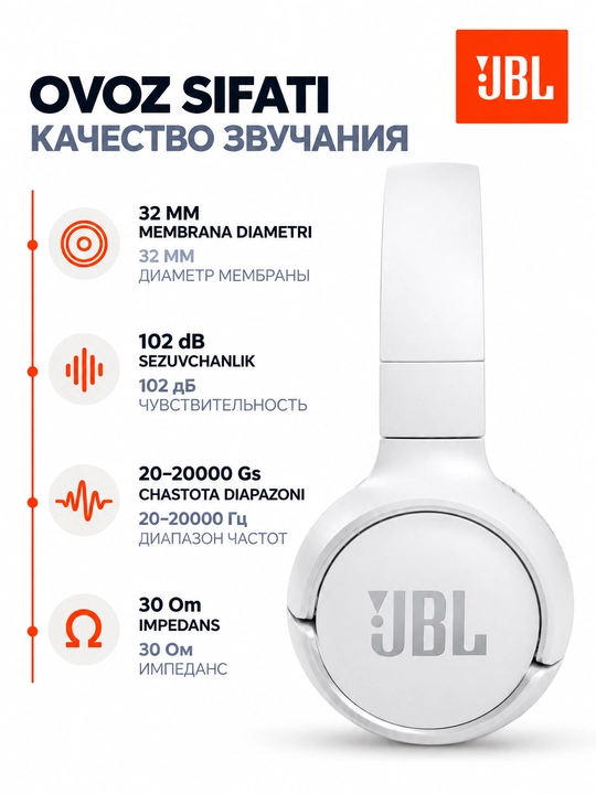 JBL Tune 520BT simsiz quloqchinlari, Bluetooth 5.3, mikrofonli, Android/iOS/PC