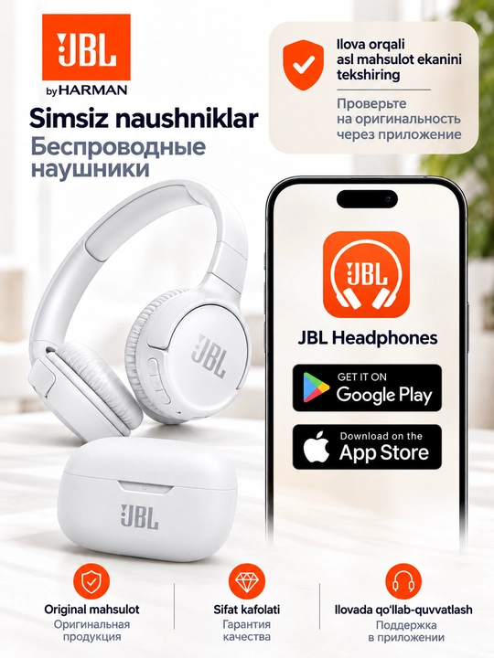 JBL Tune 520BT simsiz quloqchinlari, Bluetooth 5.3, mikrofonli, Android/iOS/PC