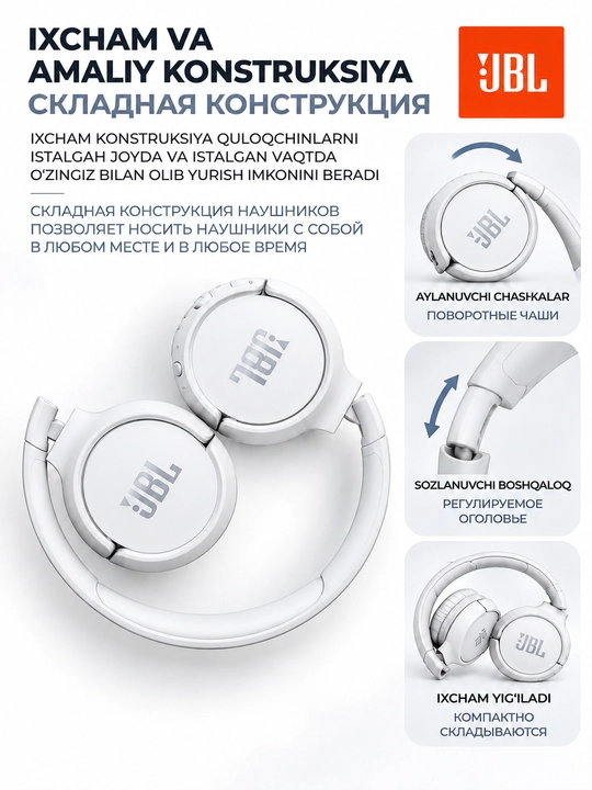 JBL Tune 520BT simsiz quloqchinlari, Bluetooth 5.3, mikrofonli, Android/iOS/PC