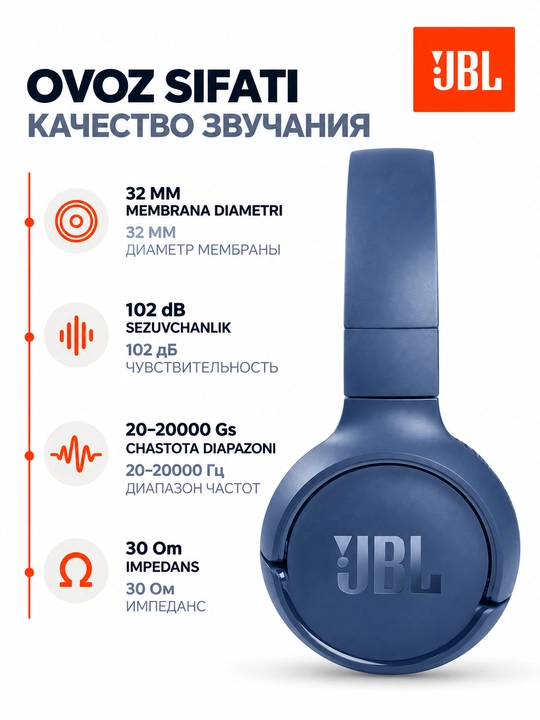JBL Tune 520BT simsiz quloqchinlari, Bluetooth 5.3, mikrofonli, Android/iOS/PC