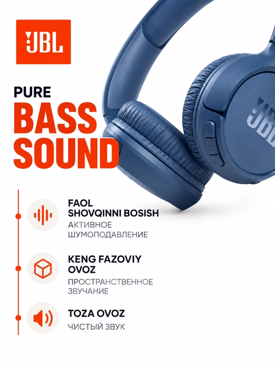 JBL Tune 520BT simsiz quloqchinlari, Bluetooth 5.3, mikrofonli, Android/iOS/PC