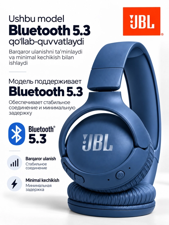 JBL Tune 520BT simsiz quloqchinlari, Bluetooth 5.3, mikrofonli, Android/iOS/PC