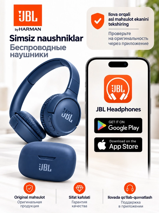JBL Tune 520BT simsiz quloqchinlari, Bluetooth 5.3, mikrofonli, Android/iOS/PC