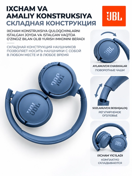 JBL Tune 520BT simsiz quloqchinlari, Bluetooth 5.3, mikrofonli, Android/iOS/PC