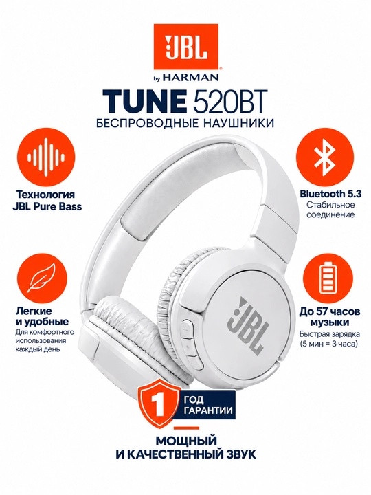 Беспроводные наушники JBL Tune 520BT, Bluetooth 5.3, с микрофоном, Android/iOS/PC - 
