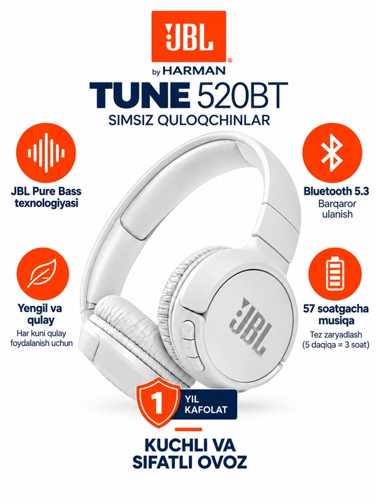 JBL Tune 520BT simsiz quloqchinlari, Bluetooth 5.3, mikrofonli, Android/iOS/PC