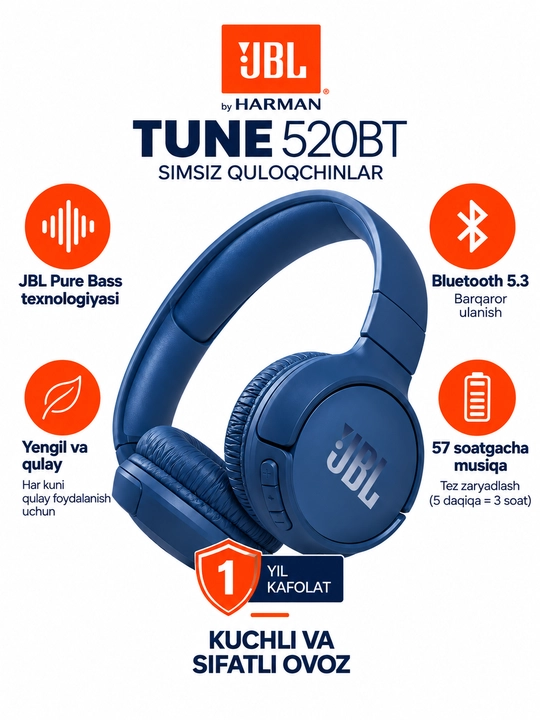 JBL Tune 520BT simsiz quloqchinlari, Bluetooth 5.3, mikrofonli, Android/iOS/PC