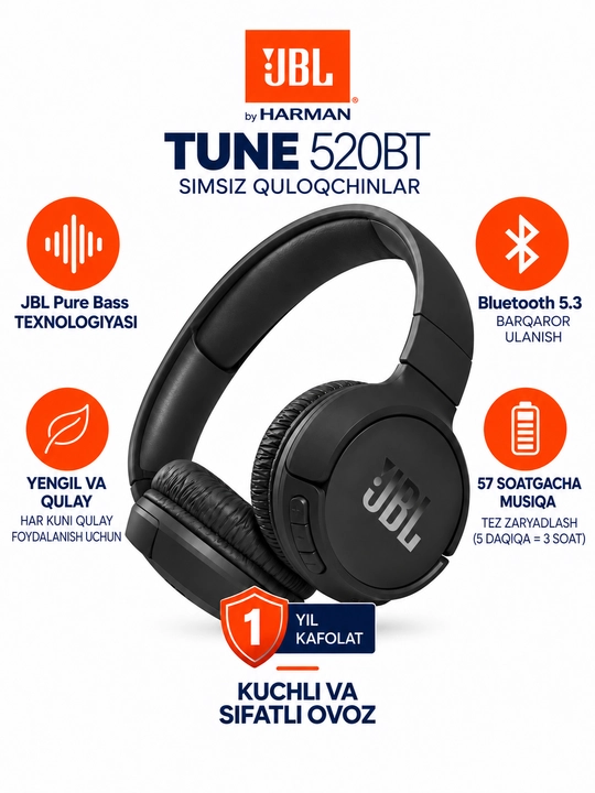 Беспроводные наушники JBL Tune 520BT, Bluetooth 5.3, с микрофоном, Android/iOS/PC