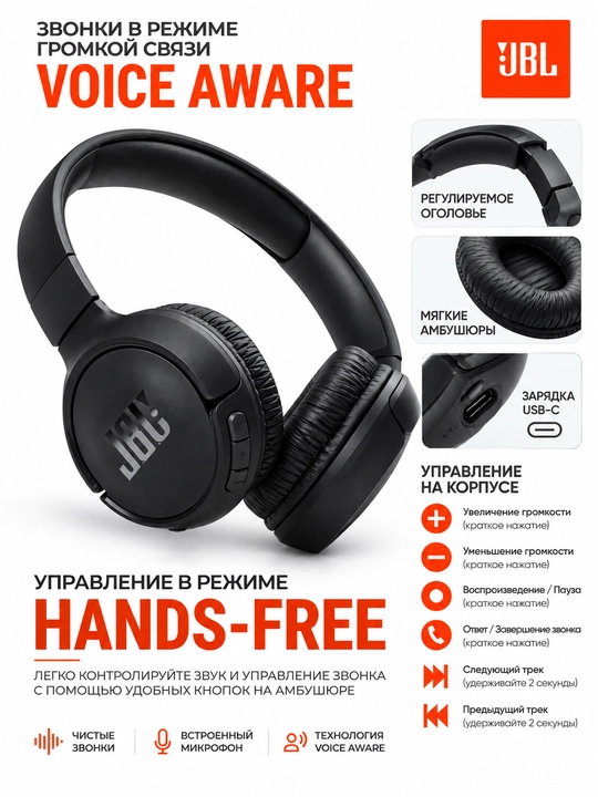 Беспроводные наушники JBL Tune 520BT, Bluetooth 5.3, с микрофоном, Android/iOS/PC